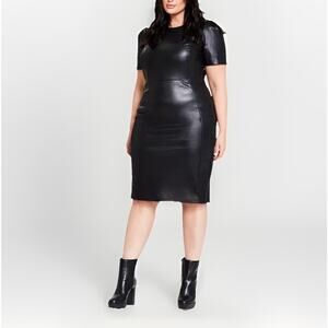 CALVIN KLEIN Short Sleeve Black Faux Leather Sheath Dress Exposed Zip Plus Sz 16